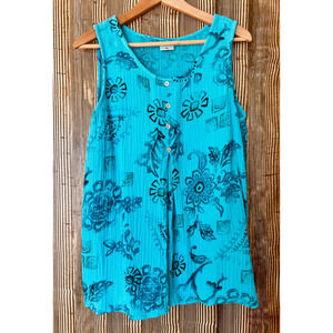 CMC Color Me Cotton Gauze Tunic Tank Top Teal Blue Floral US Made M Boho Beach
